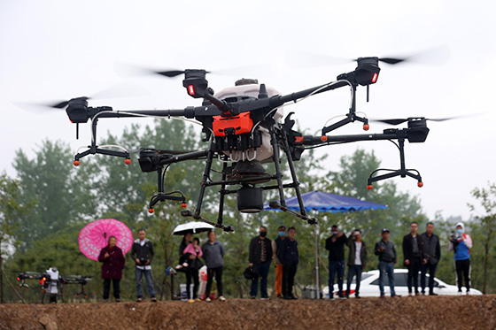 四川省內(nèi)江市東興區(qū)石子鎮(zhèn)宏展糧油專業(yè)合作社，工作人員操作無人機開展水稻直播作業(yè)  蘭自濤 攝.jpg