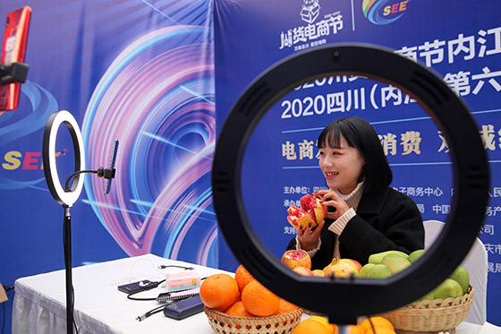 四川省內(nèi)江市舉行的第六屆川南電商博覽會線上直播帶貨一角  蘭自濤 攝.jpg