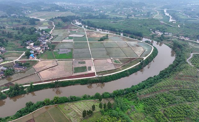 圖1  5月9日，內(nèi)江市東興區(qū)平坦鎮(zhèn)水梨村，村民在高標(biāo)準(zhǔn)農(nóng)田栽插秧苗（無(wú)人機(jī)照片）。.jpg