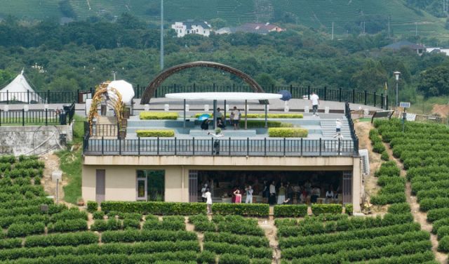 圖2  8月5日，游客在安吉溪龍鄉(xiāng)黃杜村金葉子景區(qū)內(nèi)的奶茶店欣賞茶園風(fēng)景。新華社記者翁忻旸 攝.jpg